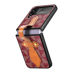 Luxury Leather Matte Finish and Plastic Back Cover Case R01 for Samsung Galaxy Z Flip4 5G Red