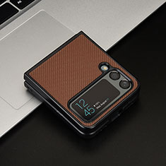 Luxury Leather Matte Finish and Plastic Back Cover Case R02 for Samsung Galaxy Z Flip3 5G Brown