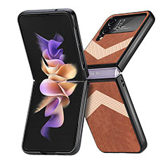 Luxury Leather Matte Finish and Plastic Back Cover Case R03 for Samsung Galaxy Z Flip4 5G Brown