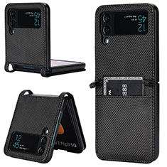 Luxury Leather Matte Finish and Plastic Back Cover Case R05 for Samsung Galaxy Z Flip3 5G Black