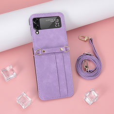 Luxury Leather Matte Finish and Plastic Back Cover Case R06 for Samsung Galaxy Z Flip3 5G Purple