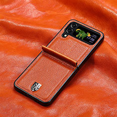Luxury Leather Matte Finish and Plastic Back Cover Case R06 for Samsung Galaxy Z Flip4 5G Orange