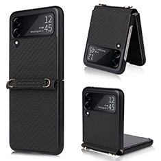 Luxury Leather Matte Finish and Plastic Back Cover Case R08 for Samsung Galaxy Z Flip3 5G Black