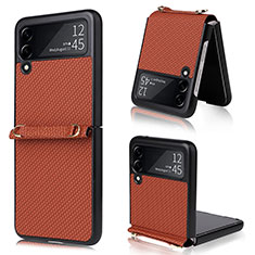 Luxury Leather Matte Finish and Plastic Back Cover Case R08 for Samsung Galaxy Z Flip3 5G Brown