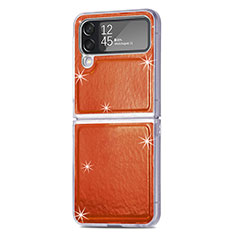 Luxury Leather Matte Finish and Plastic Back Cover Case R08 for Samsung Galaxy Z Flip4 5G Orange