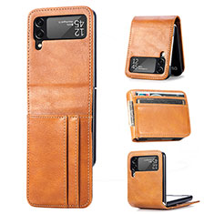 Luxury Leather Matte Finish and Plastic Back Cover Case R09 for Samsung Galaxy Z Flip4 5G Brown