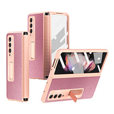 Luxury Leather Matte Finish and Plastic Back Cover Case R09 for Samsung Galaxy Z Fold3 5G Rose Gold