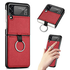 Luxury Leather Matte Finish and Plastic Back Cover Case S01 for Samsung Galaxy Z Flip3 5G Red