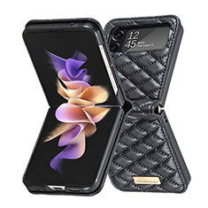Luxury Leather Matte Finish and Plastic Back Cover Case S02 for Samsung Galaxy Z Flip4 5G Black