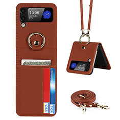 Luxury Leather Matte Finish and Plastic Back Cover Case S03 for Samsung Galaxy Z Flip3 5G Brown