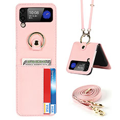 Luxury Leather Matte Finish and Plastic Back Cover Case S03 for Samsung Galaxy Z Flip3 5G Pink