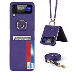 Luxury Leather Matte Finish and Plastic Back Cover Case S03 for Samsung Galaxy Z Flip3 5G Purple