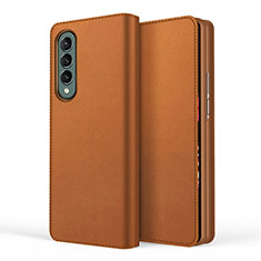 Luxury Leather Matte Finish and Plastic Back Cover Case S03 for Samsung Galaxy Z Fold3 5G Brown