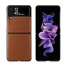 Luxury Leather Matte Finish and Plastic Back Cover Case S06 for Samsung Galaxy Z Flip3 5G Brown