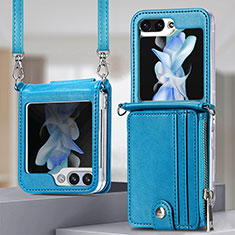 Luxury Leather Matte Finish and Plastic Back Cover Case S06D for Samsung Galaxy Z Flip5 5G Blue