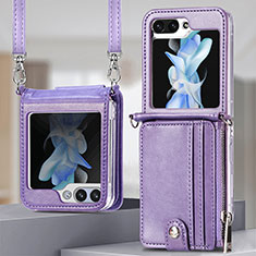 Luxury Leather Matte Finish and Plastic Back Cover Case S06D for Samsung Galaxy Z Flip5 5G Purple