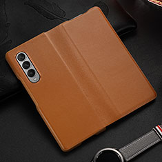 Luxury Leather Matte Finish and Plastic Back Cover Case S08 for Samsung Galaxy Z Fold4 5G Brown