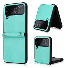 Luxury Leather Matte Finish and Plastic Back Cover Case T02 for Samsung Galaxy Z Flip4 5G Cyan