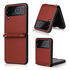 Luxury Leather Matte Finish and Plastic Back Cover Case T03 for Samsung Galaxy Z Flip4 5G Brown