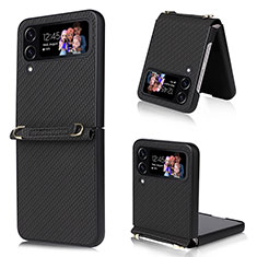 Luxury Leather Matte Finish and Plastic Back Cover Case T07 for Samsung Galaxy Z Flip4 5G Black
