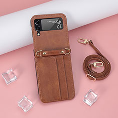 Luxury Leather Matte Finish and Plastic Back Cover Case T08 for Samsung Galaxy Z Flip4 5G Brown