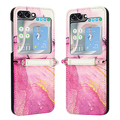 Luxury Leather Matte Finish and Plastic Back Cover Case YB1 for Samsung Galaxy Z Flip5 5G Hot Pink