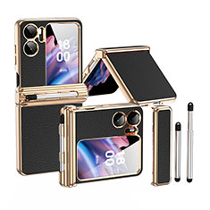 Luxury Leather Matte Finish and Plastic Back Cover Case ZL4 for Oppo Find N2 Flip 5G Gold and Black