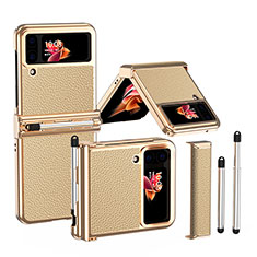 Luxury Leather Matte Finish and Plastic Back Cover Case ZL5 for Samsung Galaxy Z Flip4 5G Gold