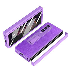 Luxury Leather Matte Finish and Plastic Back Cover Case ZL7 for Samsung Galaxy Z Fold4 5G Purple