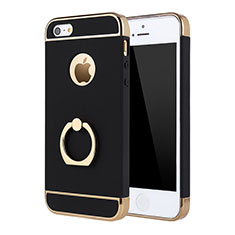 Luxury Metal Frame and Plastic Back Case with Finger Ring Stand A02 for Apple iPhone 5S Black