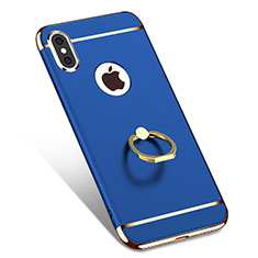 Luxury Metal Frame and Plastic Back Case with Finger Ring Stand F02 for Apple iPhone Xs Blue