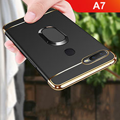 Luxury Metal Frame and Plastic Back Cover Case with Finger Ring Stand A01 for Oppo A7 Black