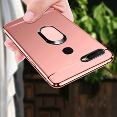 Luxury Metal Frame and Plastic Back Cover Case with Finger Ring Stand A01 for Oppo A7 Rose Gold