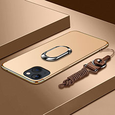 Luxury Metal Frame and Plastic Back Cover Case with Finger Ring Stand and Lanyard for Apple iPhone 13 Gold