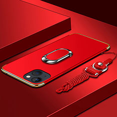 Luxury Metal Frame and Plastic Back Cover Case with Finger Ring Stand and Lanyard for Apple iPhone 13 Red