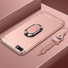 Luxury Metal Frame and Plastic Back Cover Case with Finger Ring Stand and Lanyard for Huawei Enjoy 8e Lite Rose Gold