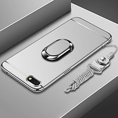 Luxury Metal Frame and Plastic Back Cover Case with Finger Ring Stand and Lanyard for Huawei Enjoy 8e Lite Silver