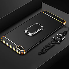 Luxury Metal Frame and Plastic Back Cover Case with Finger Ring Stand and Lanyard for Huawei Honor Play 7 Black