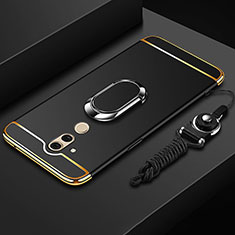 Luxury Metal Frame and Plastic Back Cover Case with Finger Ring Stand and Lanyard for Huawei Mate 20 Lite Black