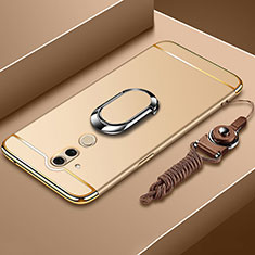 Luxury Metal Frame and Plastic Back Cover Case with Finger Ring Stand and Lanyard for Huawei Mate 20 Lite Gold