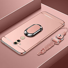 Luxury Metal Frame and Plastic Back Cover Case with Finger Ring Stand and Lanyard for Huawei Mate 20 Lite Rose Gold