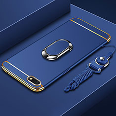 Luxury Metal Frame and Plastic Back Cover Case with Finger Ring Stand and Lanyard for Huawei Y5 (2018) Blue