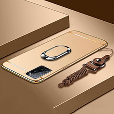Luxury Metal Frame and Plastic Back Cover Case with Finger Ring Stand and Lanyard for Oppo A52 Gold