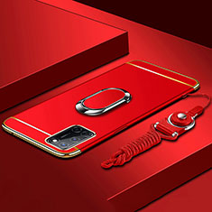 Luxury Metal Frame and Plastic Back Cover Case with Finger Ring Stand and Lanyard for Oppo A52 Red
