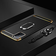 Luxury Metal Frame and Plastic Back Cover Case with Finger Ring Stand and Lanyard for Oppo A72 Black