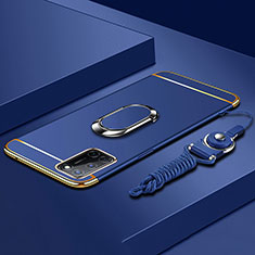 Luxury Metal Frame and Plastic Back Cover Case with Finger Ring Stand and Lanyard for Oppo A72 Blue