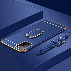 Luxury Metal Frame and Plastic Back Cover Case with Finger Ring Stand and Lanyard for Oppo A92 Blue