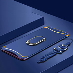 Luxury Metal Frame and Plastic Back Cover Case with Finger Ring Stand and Lanyard for Oppo Find X Blue