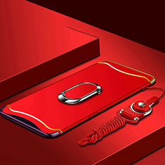 Luxury Metal Frame and Plastic Back Cover Case with Finger Ring Stand and Lanyard for Oppo Find X Red