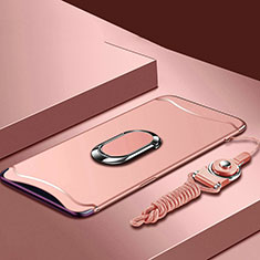 Luxury Metal Frame and Plastic Back Cover Case with Finger Ring Stand and Lanyard for Oppo Find X Rose Gold